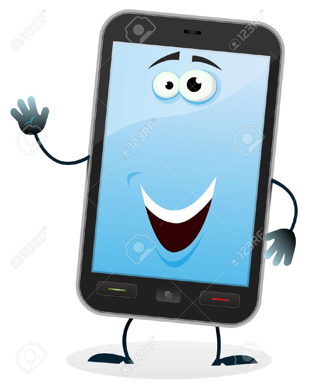 15032025 illustration of a cartoon happy mobile phone character doing welcoming sign stock vector